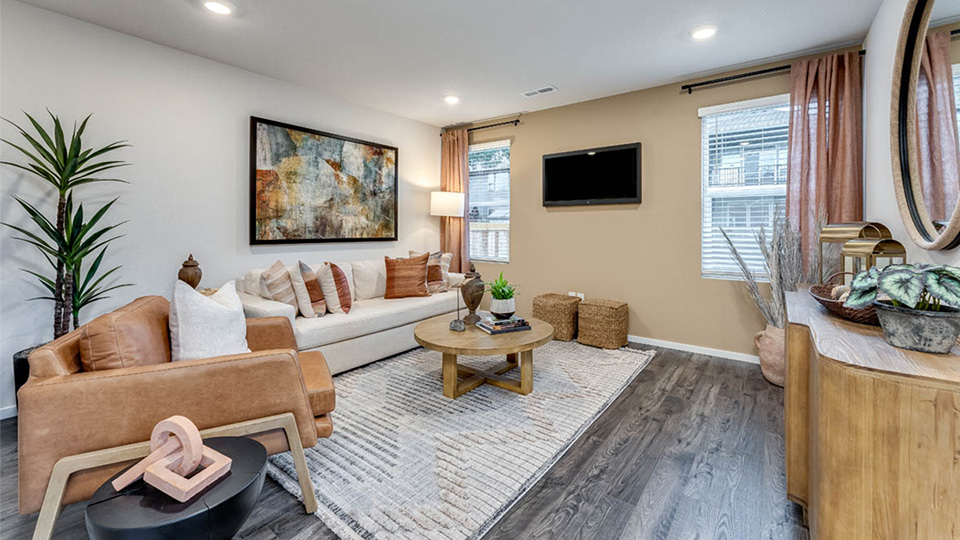 Great room with laminate flooring