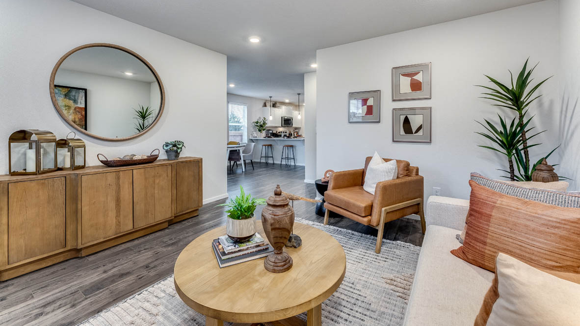 Great room with laminate flooring