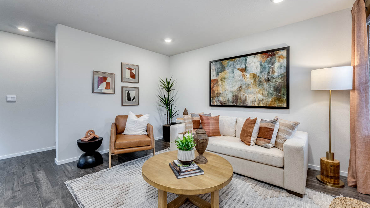 Great room with laminate flooring