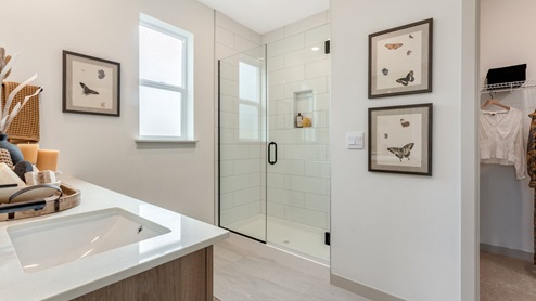 Primary bathroom with quartz counters and a walk-in shower