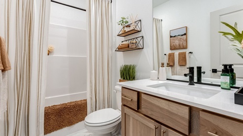 Hall bathroom with combination tub/shower and quartz counters