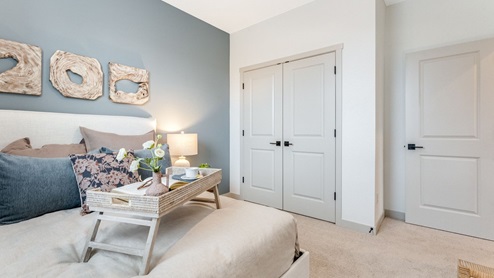 Guest bedroom with wall-to-wall carpet and a closet