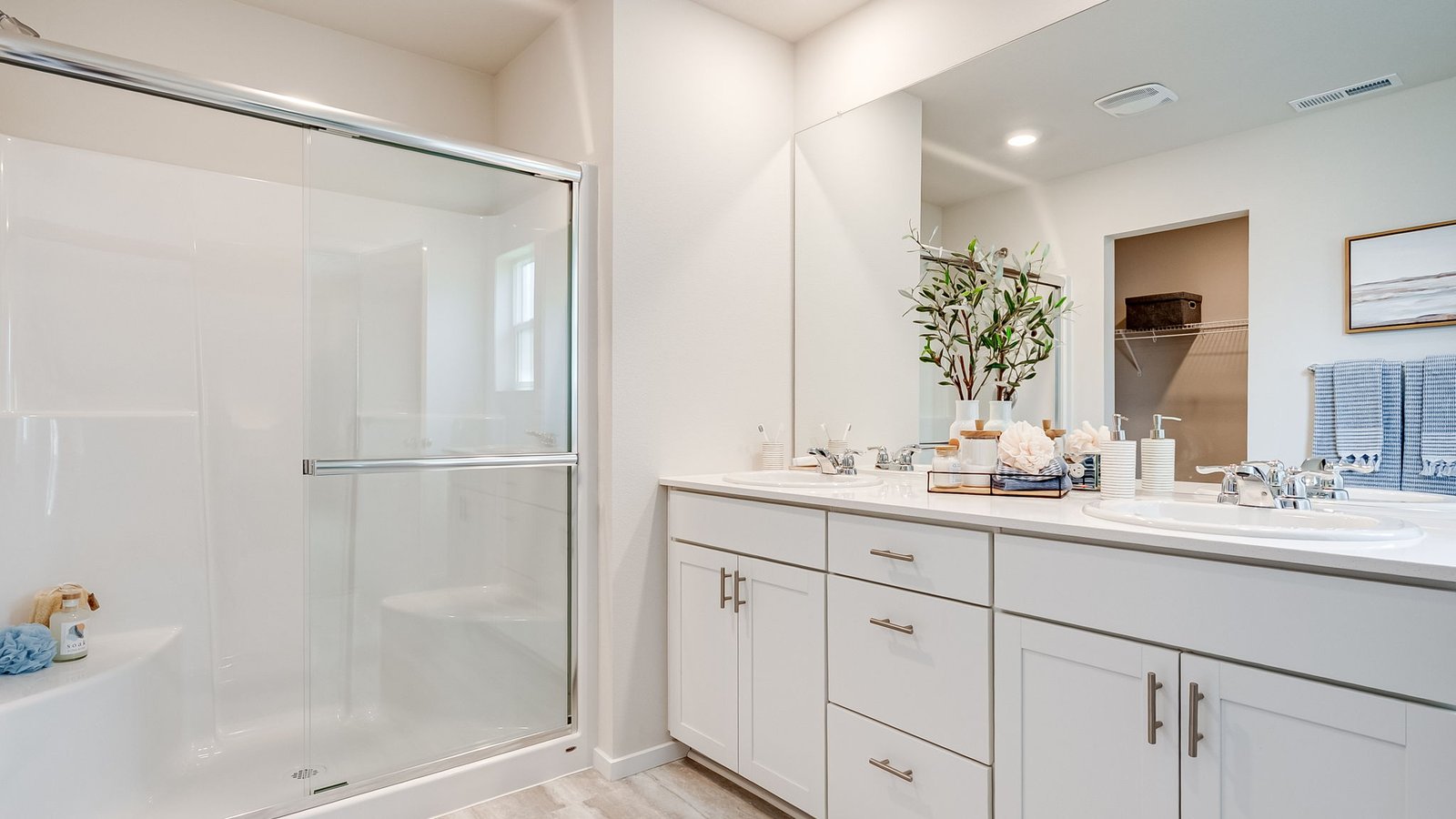 Primary bathroom with quartz counters and a walk-in shower
