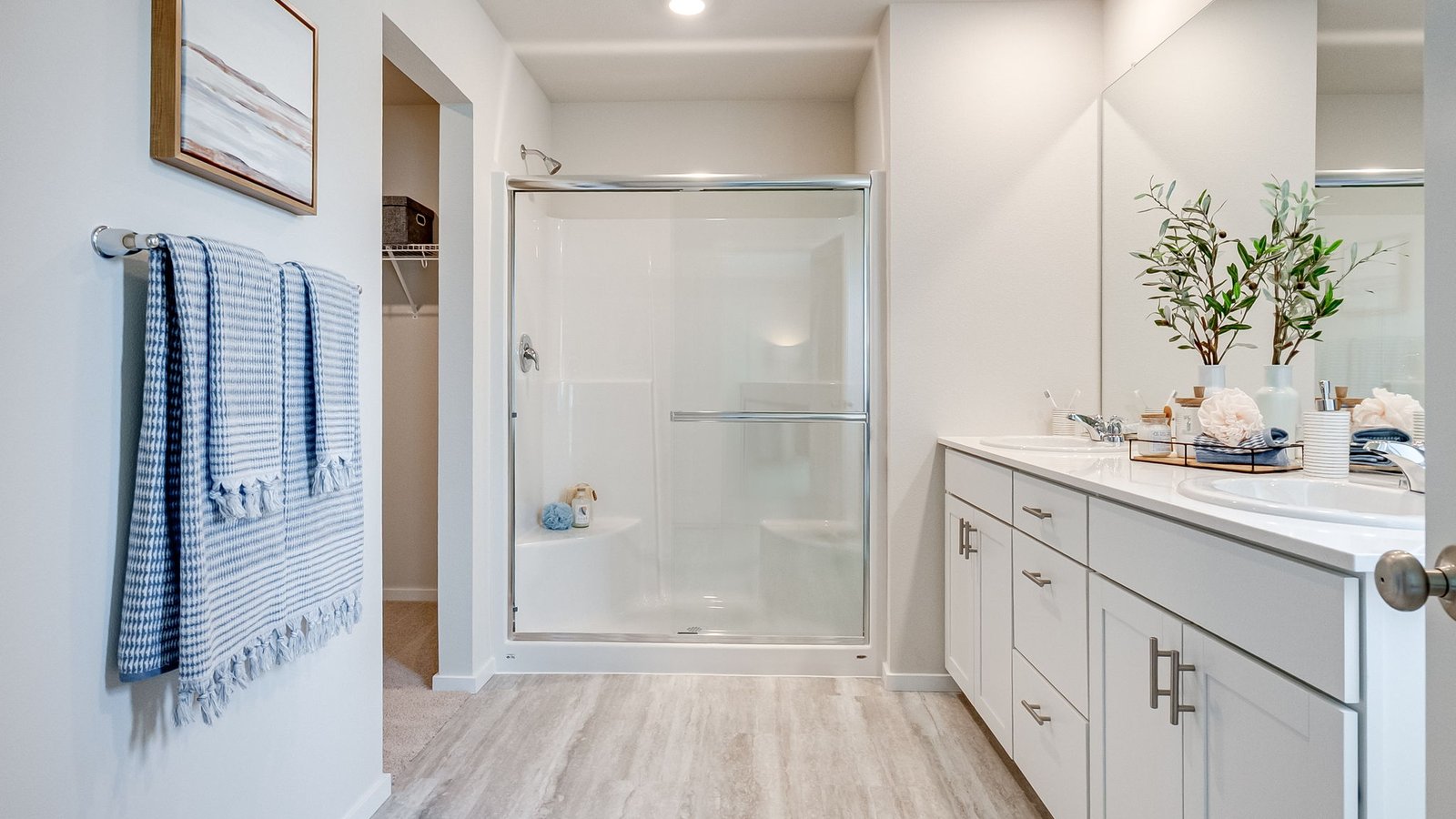 Primary bathroom with quartz counters and a walk-in shower