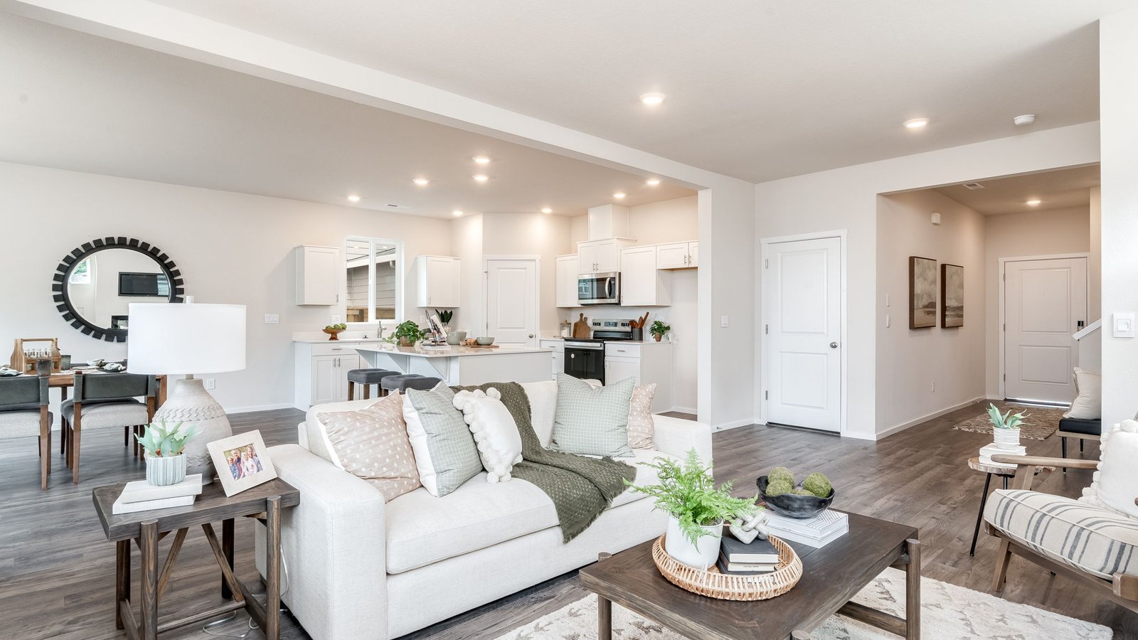 Great room with laminate flooring