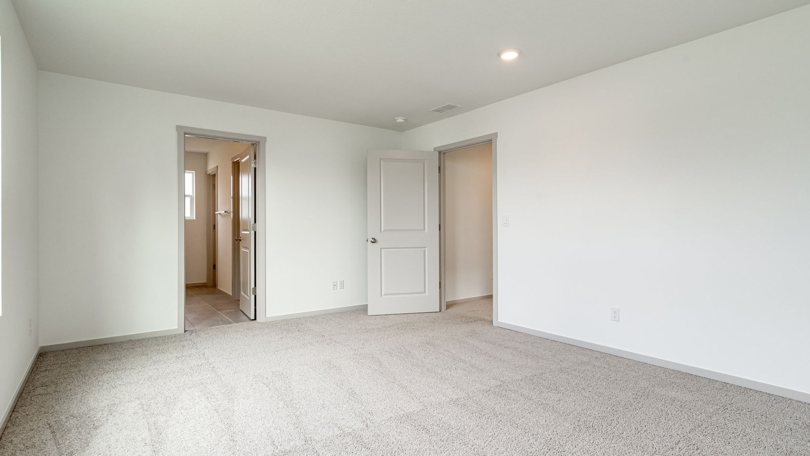 Primary bedroom with wall-to-wall carpet, a walk-in closet and an attached bathroom