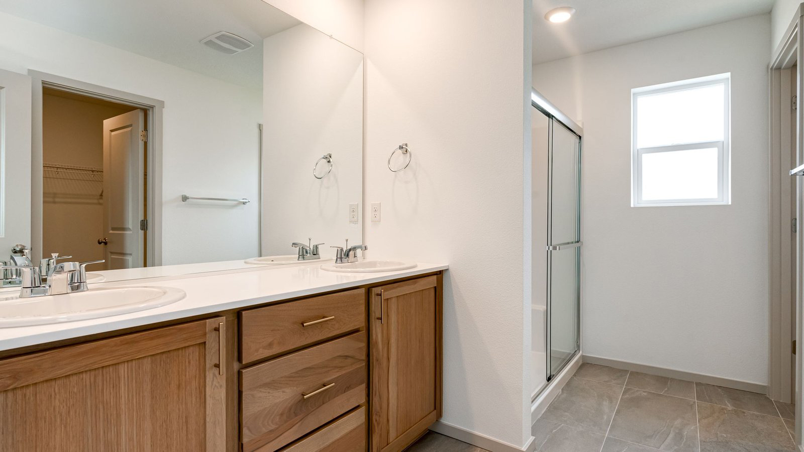 Primary bathroom with quartz counters and a walk-in shower