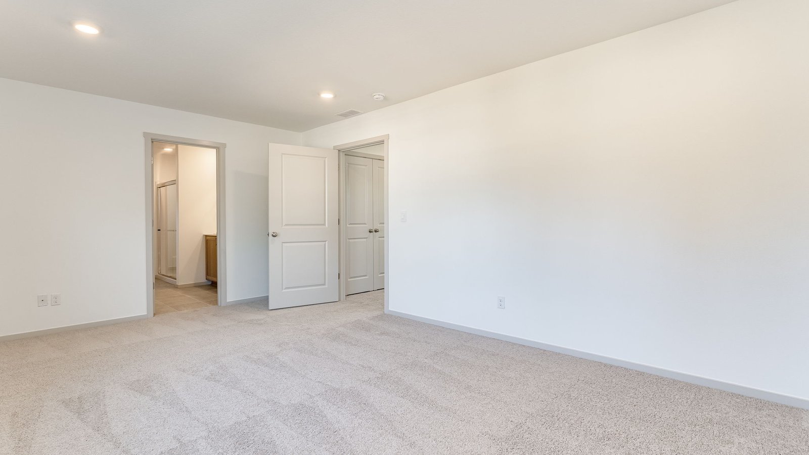 Primary bedroom with wall-to-wall carpet, a walk-in closet and an attached bathroom