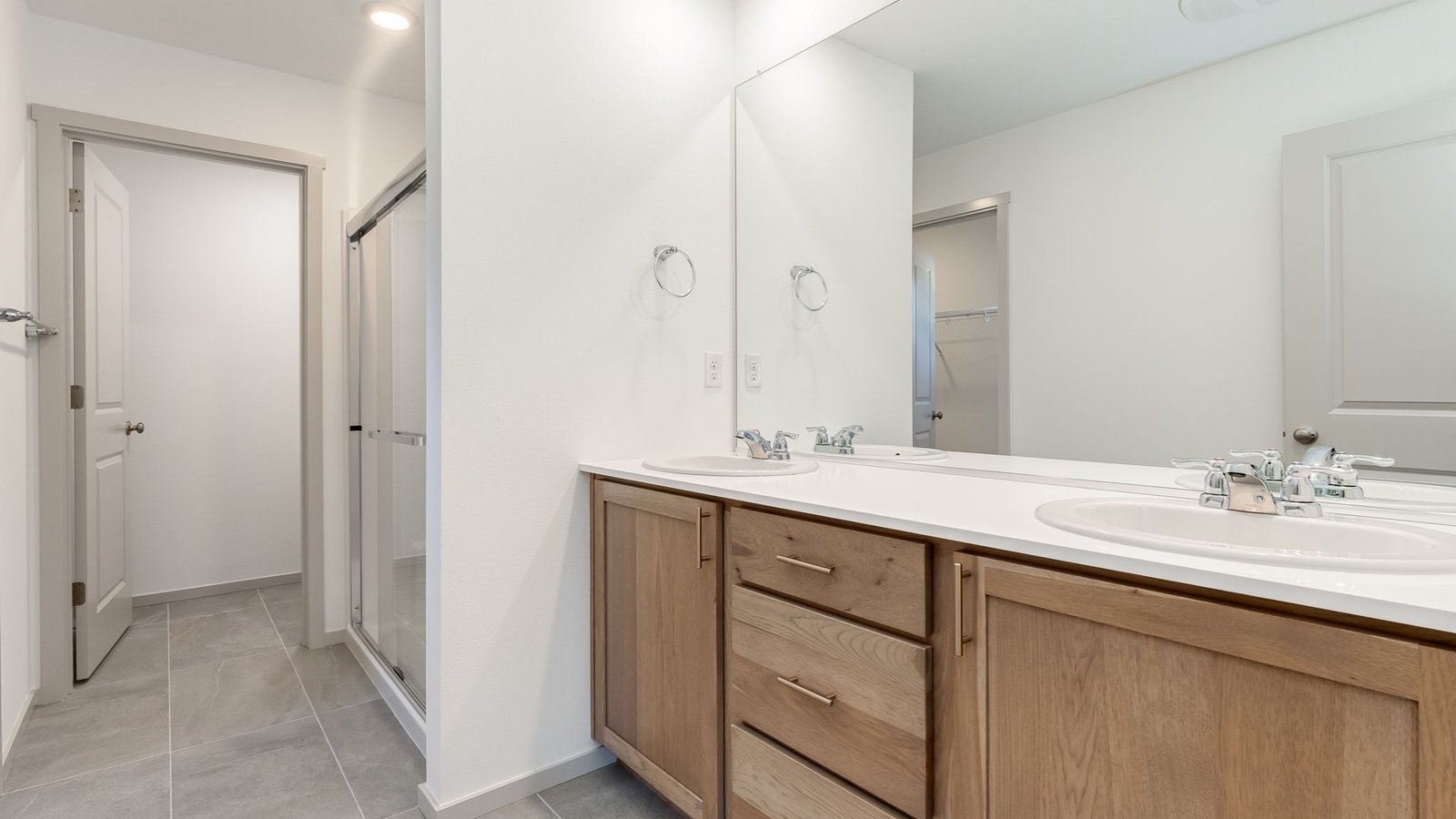 Primary bathroom with quartz counters and a walk-in shower
