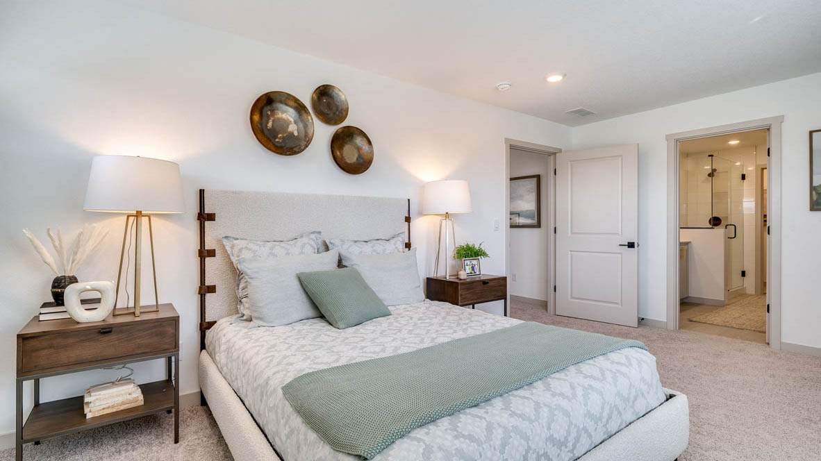 Primary bedroom with wall-to-wall carpet, a walk-in closet and an attached bathroom
