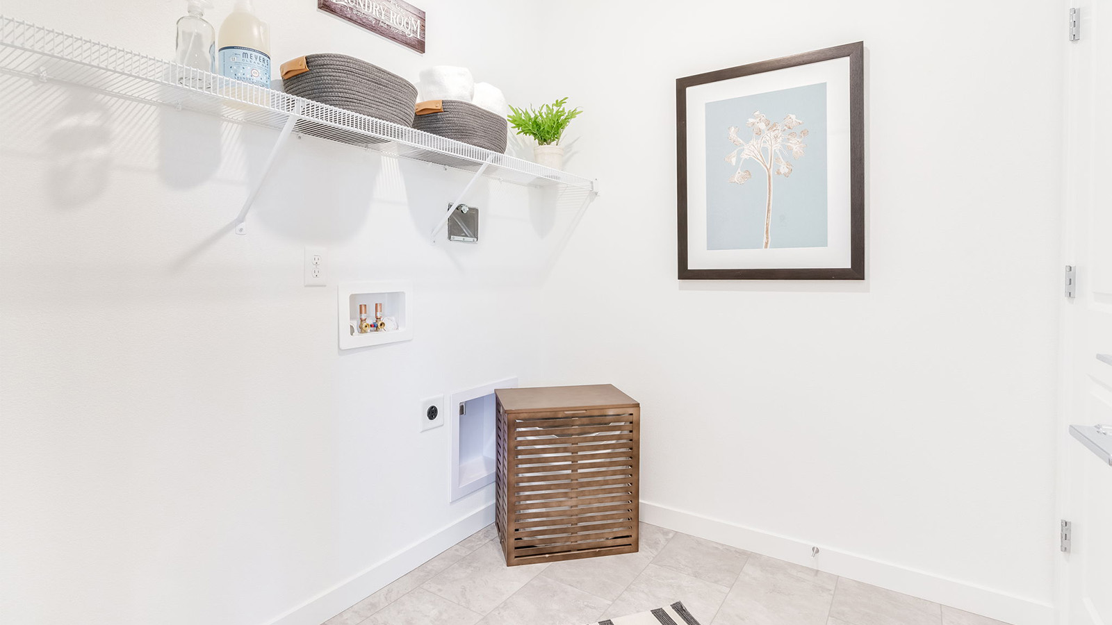 Laundry room with wire shelves and washer and dryer hookups