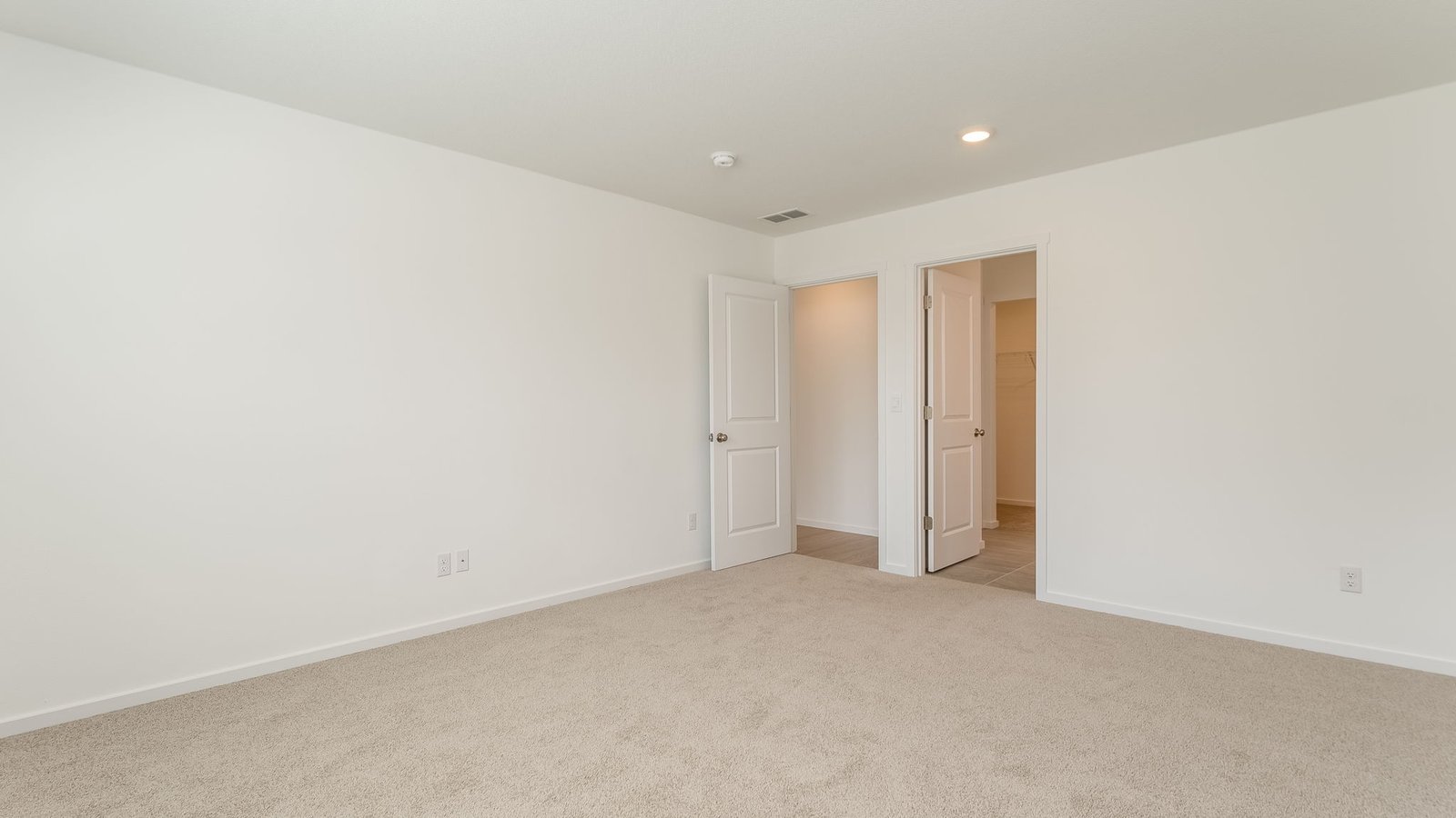 Primary bedroom with wall-to-wall carpet, a walk-in closet and an attached bathroom