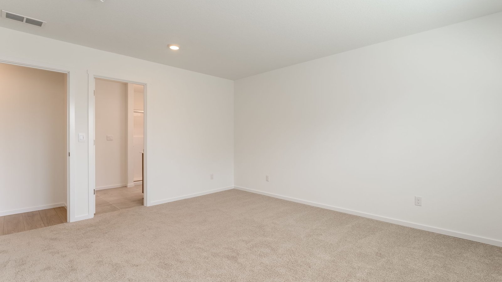 Primary bedroom with wall-to-wall carpet, a walk-in closet and an attached bathroom