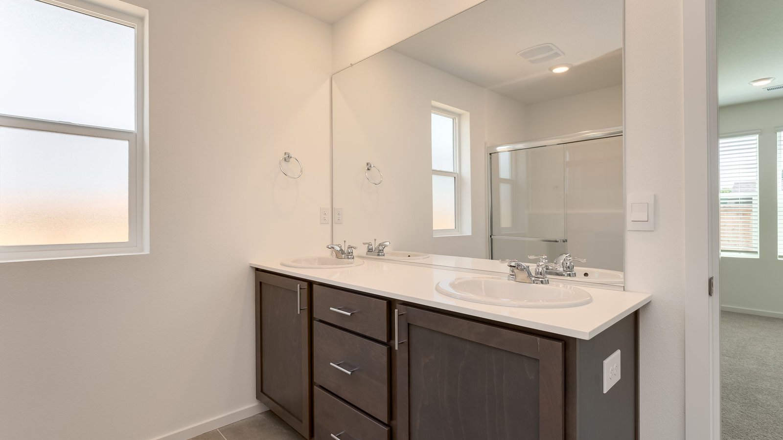 Primary bathroom with quartz counters and a walk-in shower