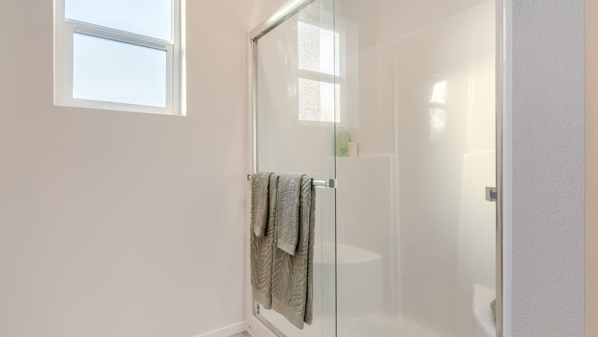 Primary bathroom with quartz counters and a walk-in shower