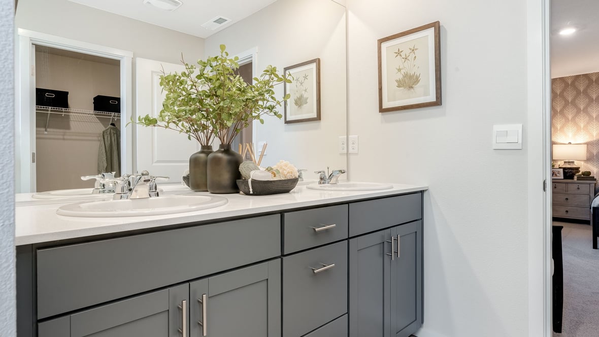 Primary bathroom with quartz counters and a walk-in shower