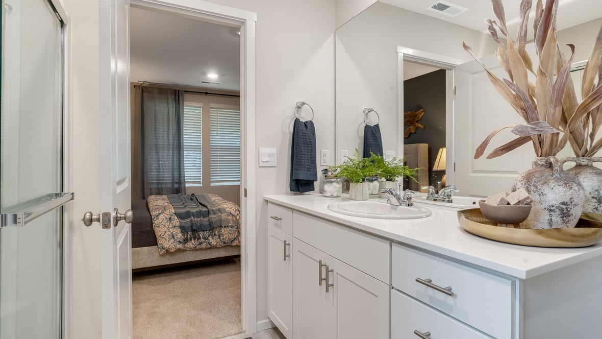 Primary bathroom with quartz counters and a walk-in shower