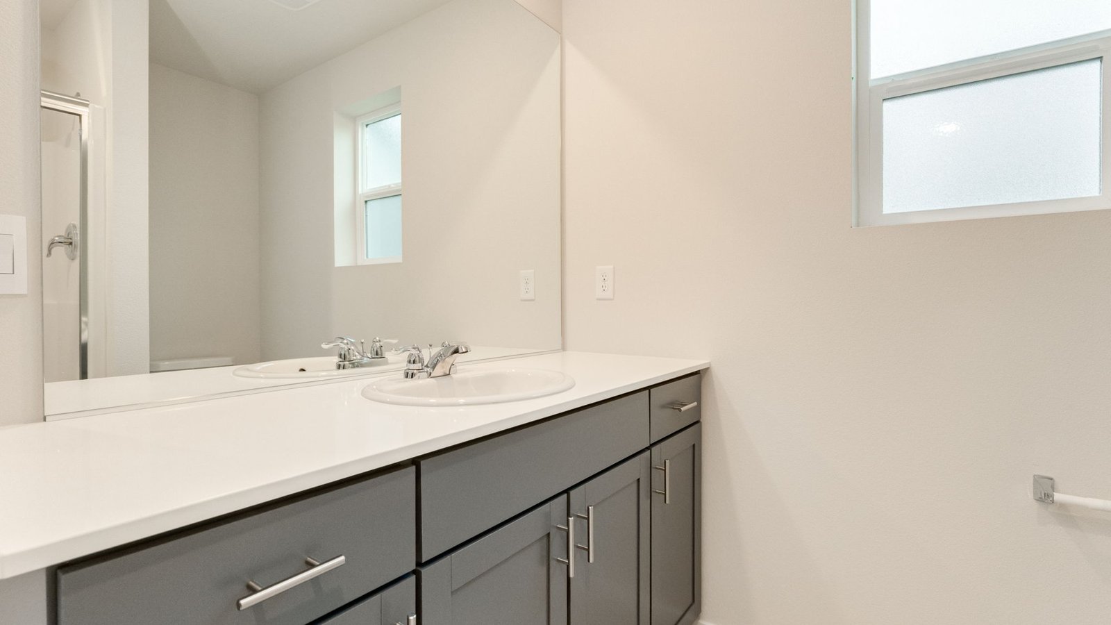 Primary bathroom with quartz counters and a walk-in shower