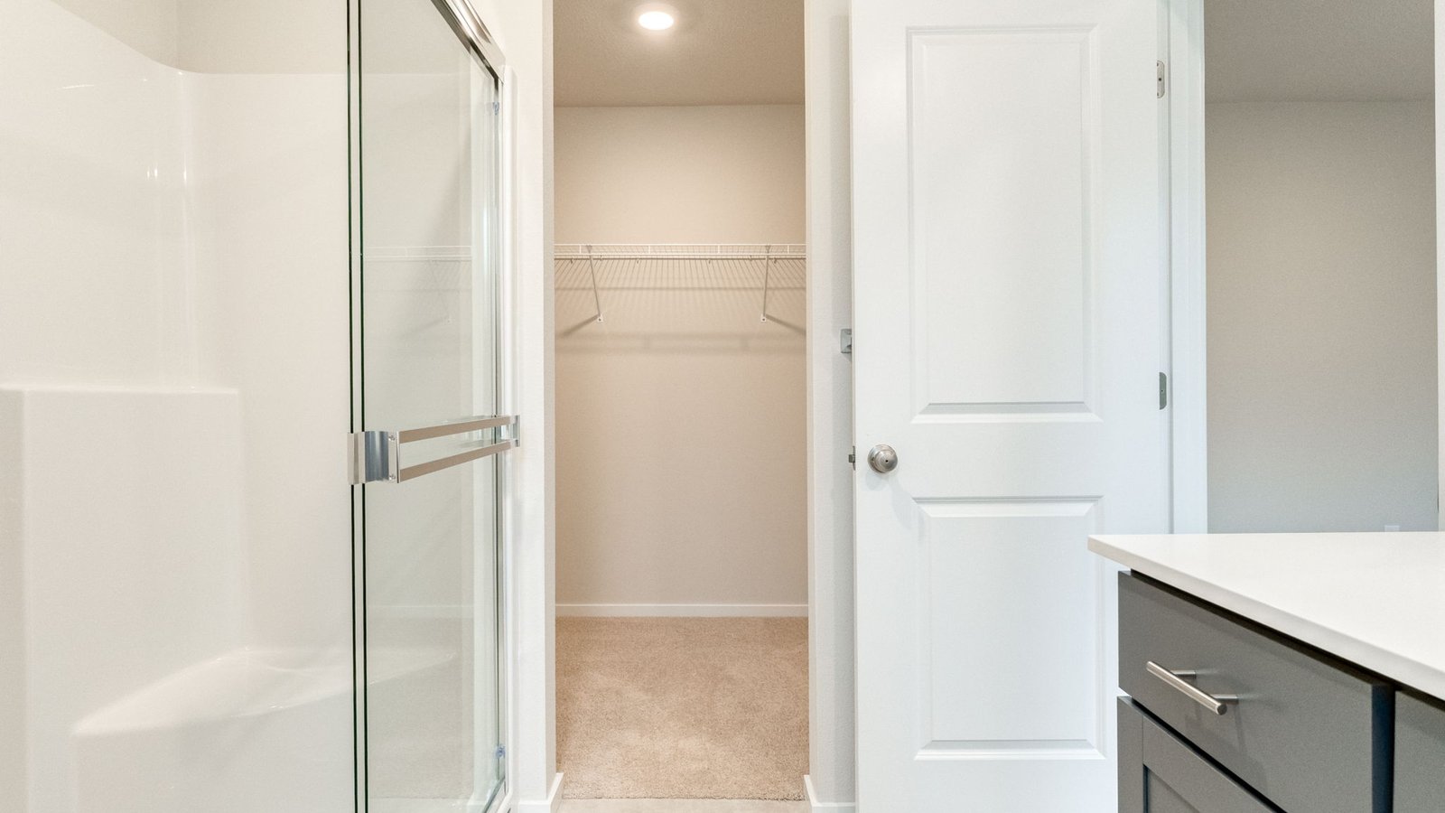 Primary bathroom with quartz counters and a walk-in shower