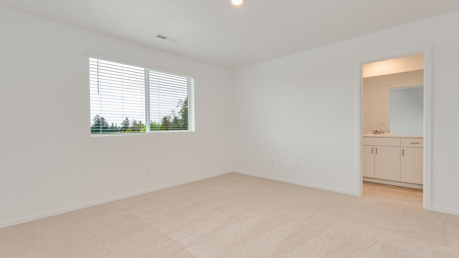 Primary bedroom with wall-to-wall carpet, a walk-in closet and an attached bathroom