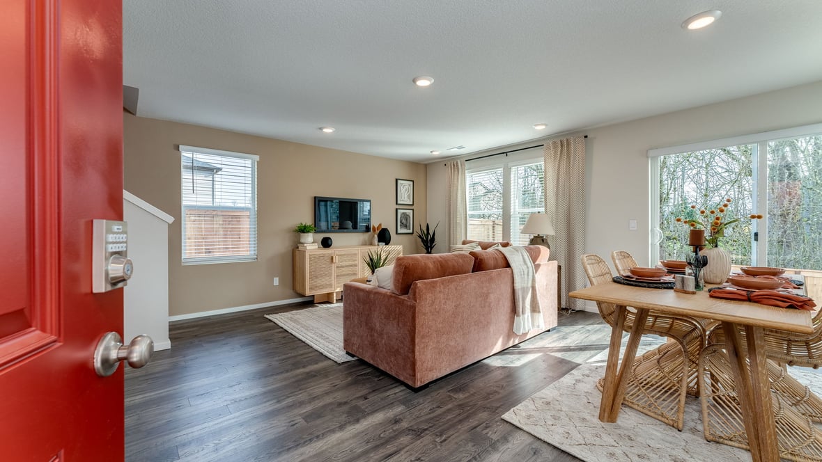 Great room with laminate flooring