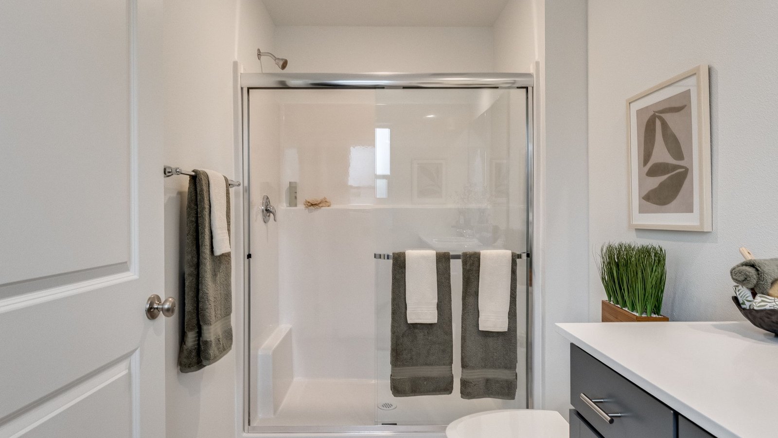 Primary bathroom with quartz counters and a walk-in shower