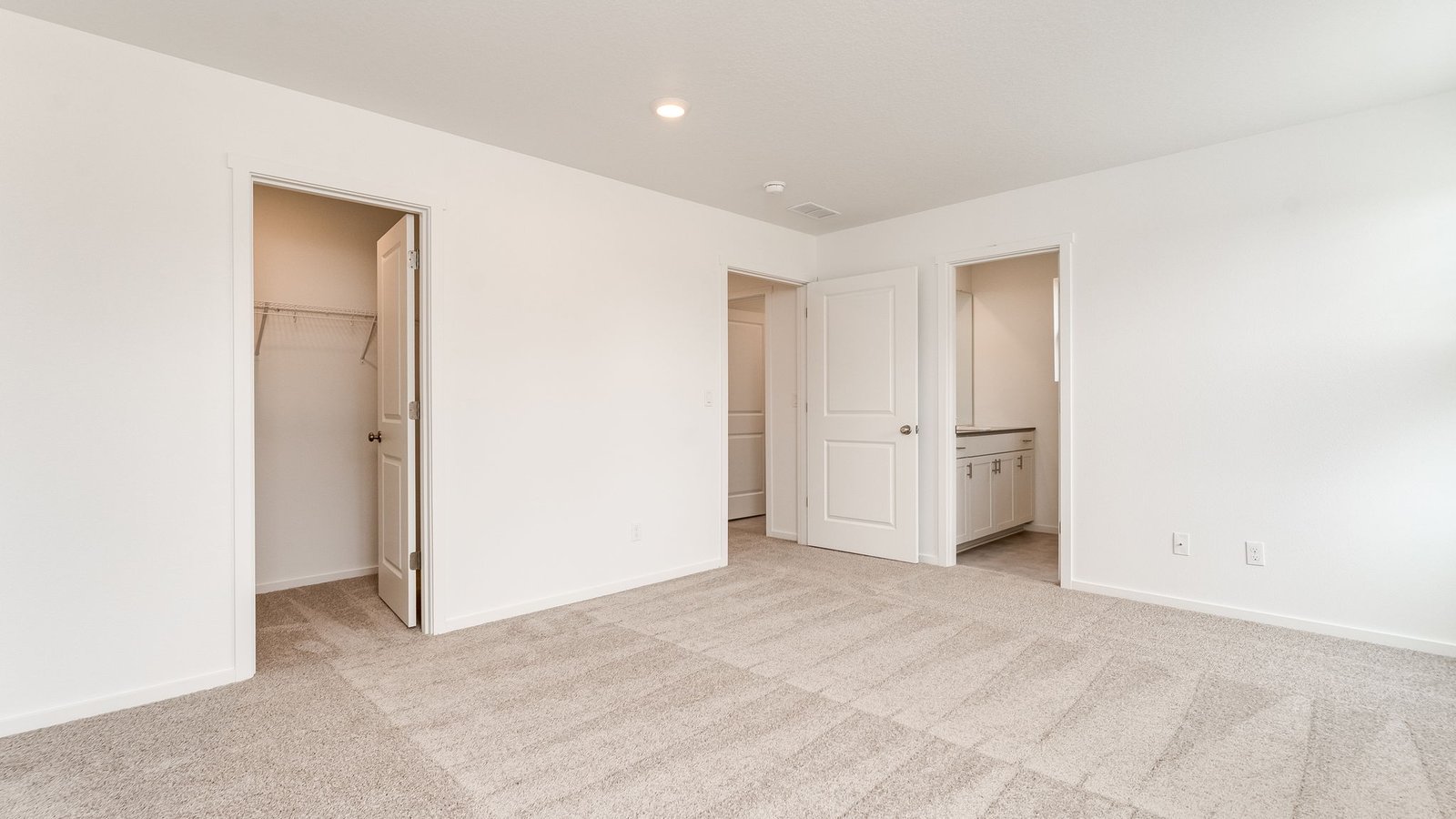 Primary bedroom with wall-to-wall carpet, a walk-in closet and an attached bathroom