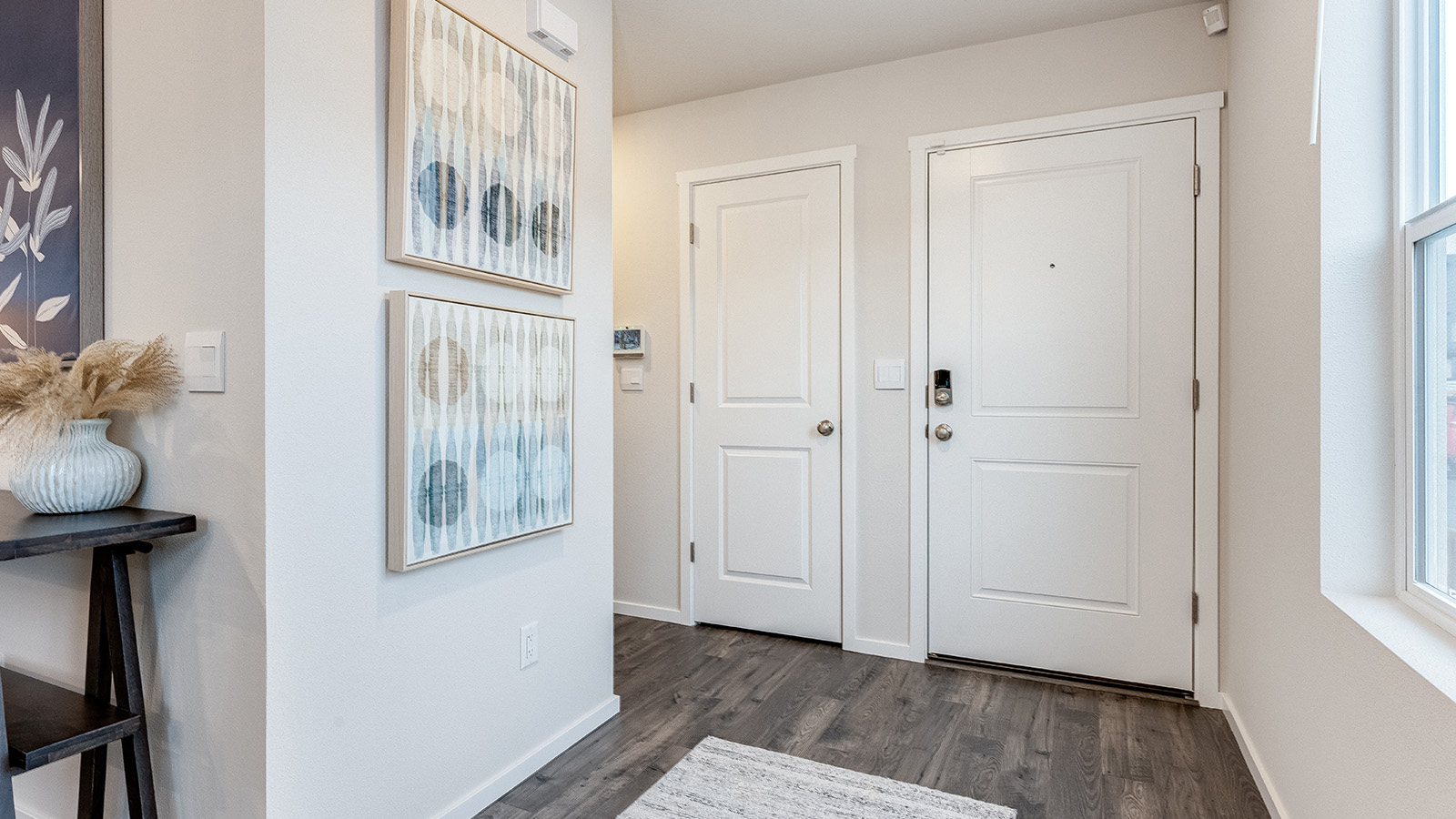 Entryway with a coat closet and laminate flooring