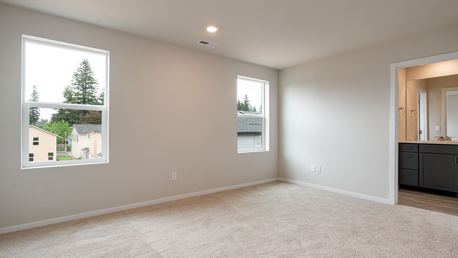 Primary bedroom with wall-to-wall carpet, a walk-in closet and an attached bathroom