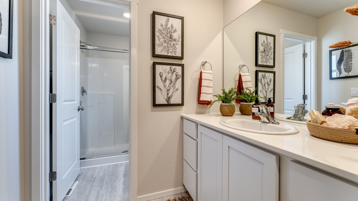 Primary bathroom with quartz counters and a walk-in shower