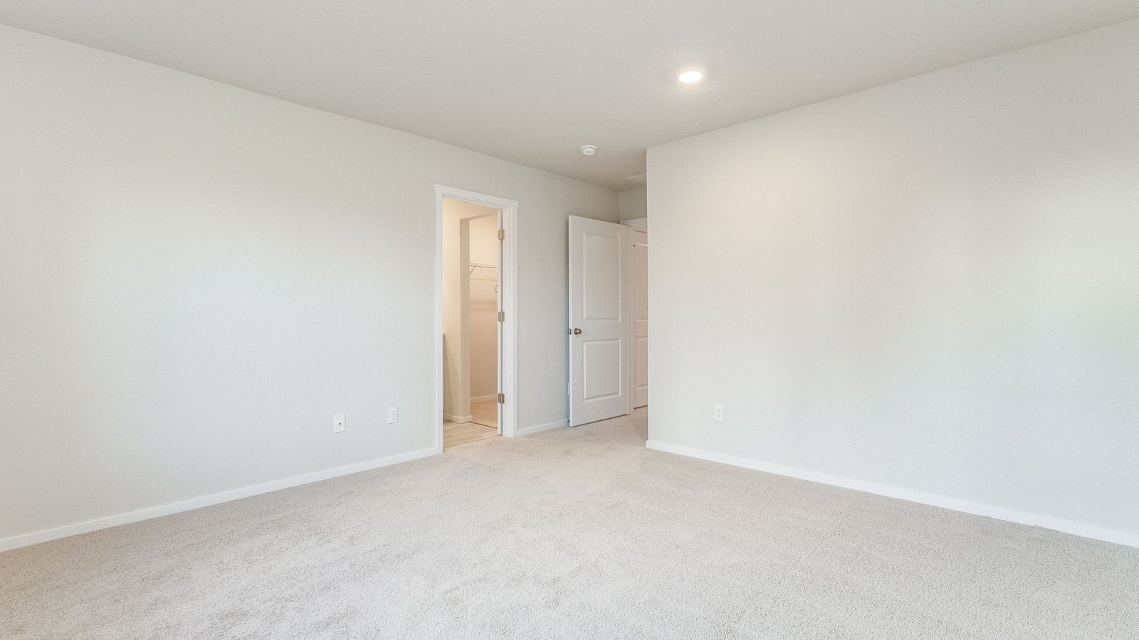 Primary bedroom with wall-to-wall carpet, a walk-in closet and an attached bathroom