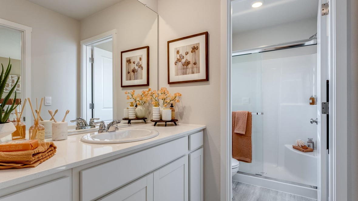 Primary bathroom with quartz counters and a walk-in shower