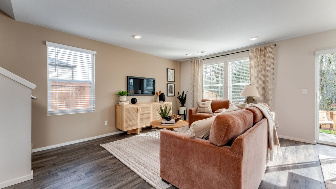 Great room with laminate flooring