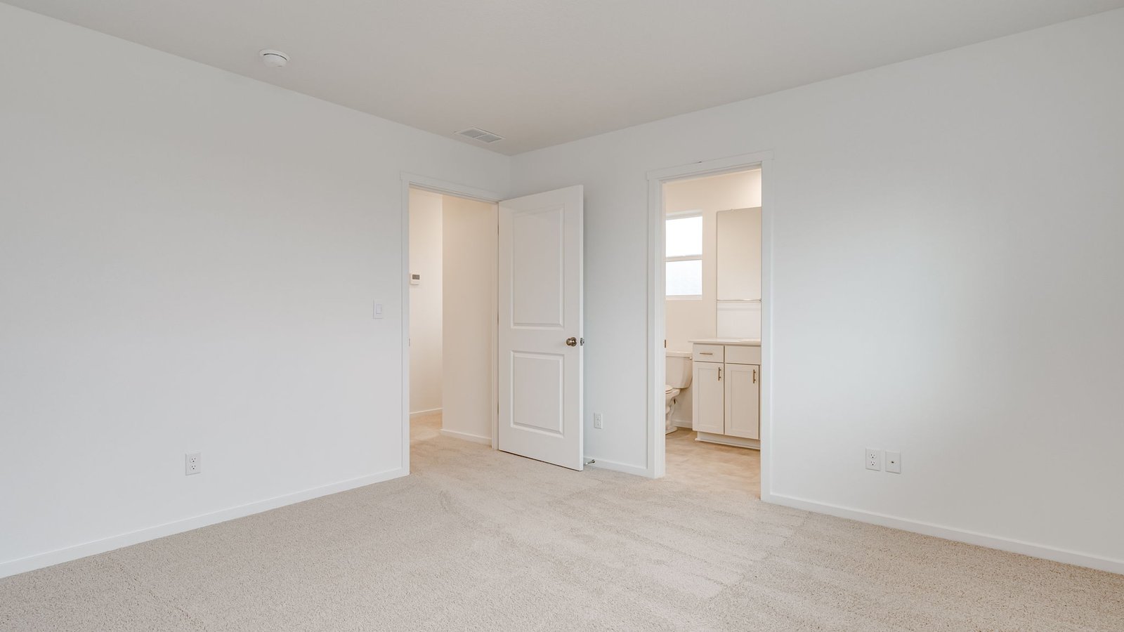 Primary bedroom with wall-to-wall carpet, a walk-in closet and an attached bathroom
