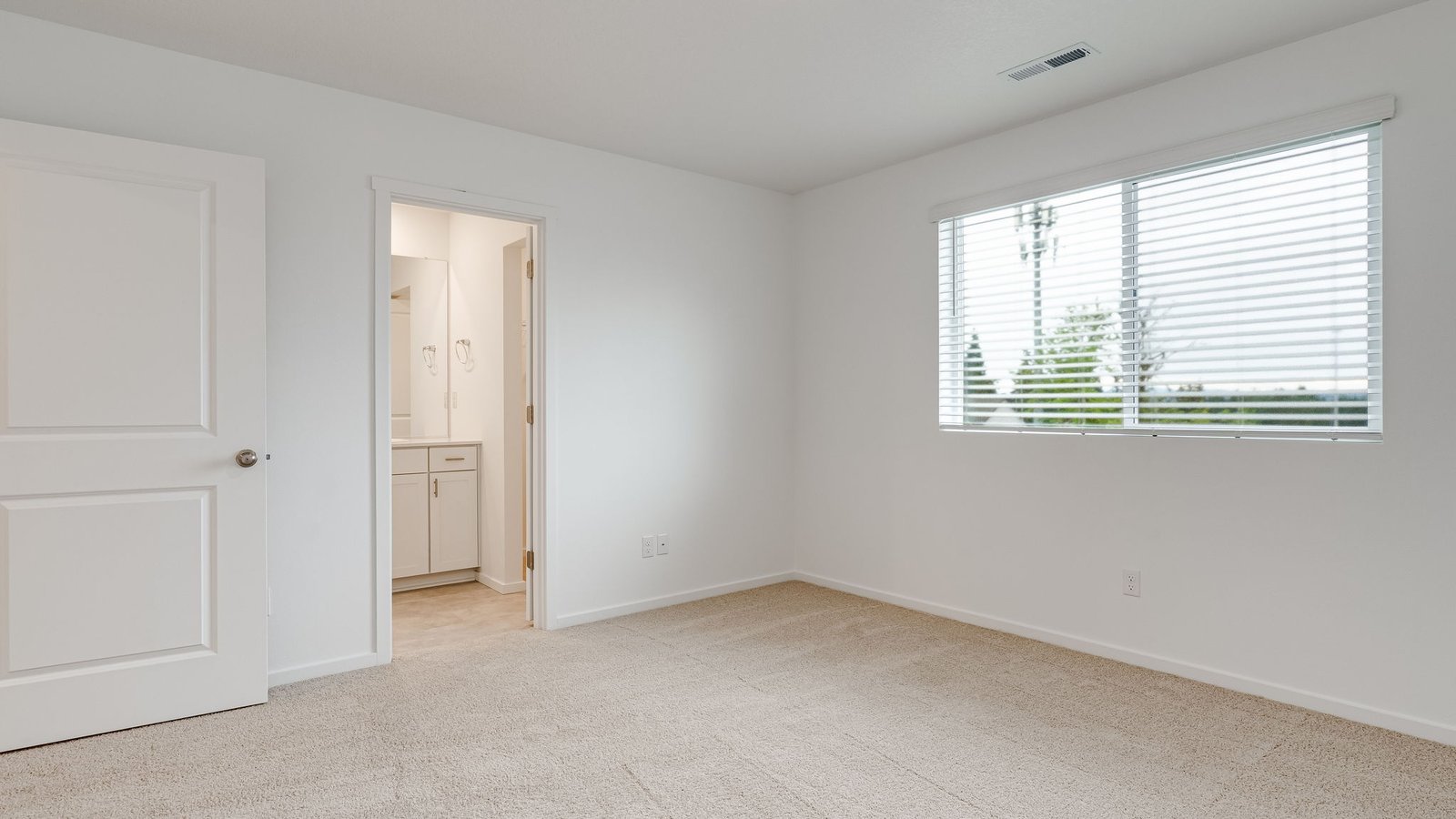 Primary bedroom with wall-to-wall carpet, a walk-in closet and an attached bathroom