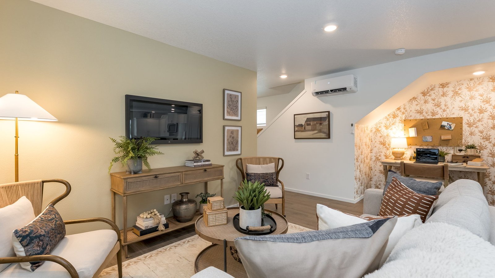 Great room with laminate flooring