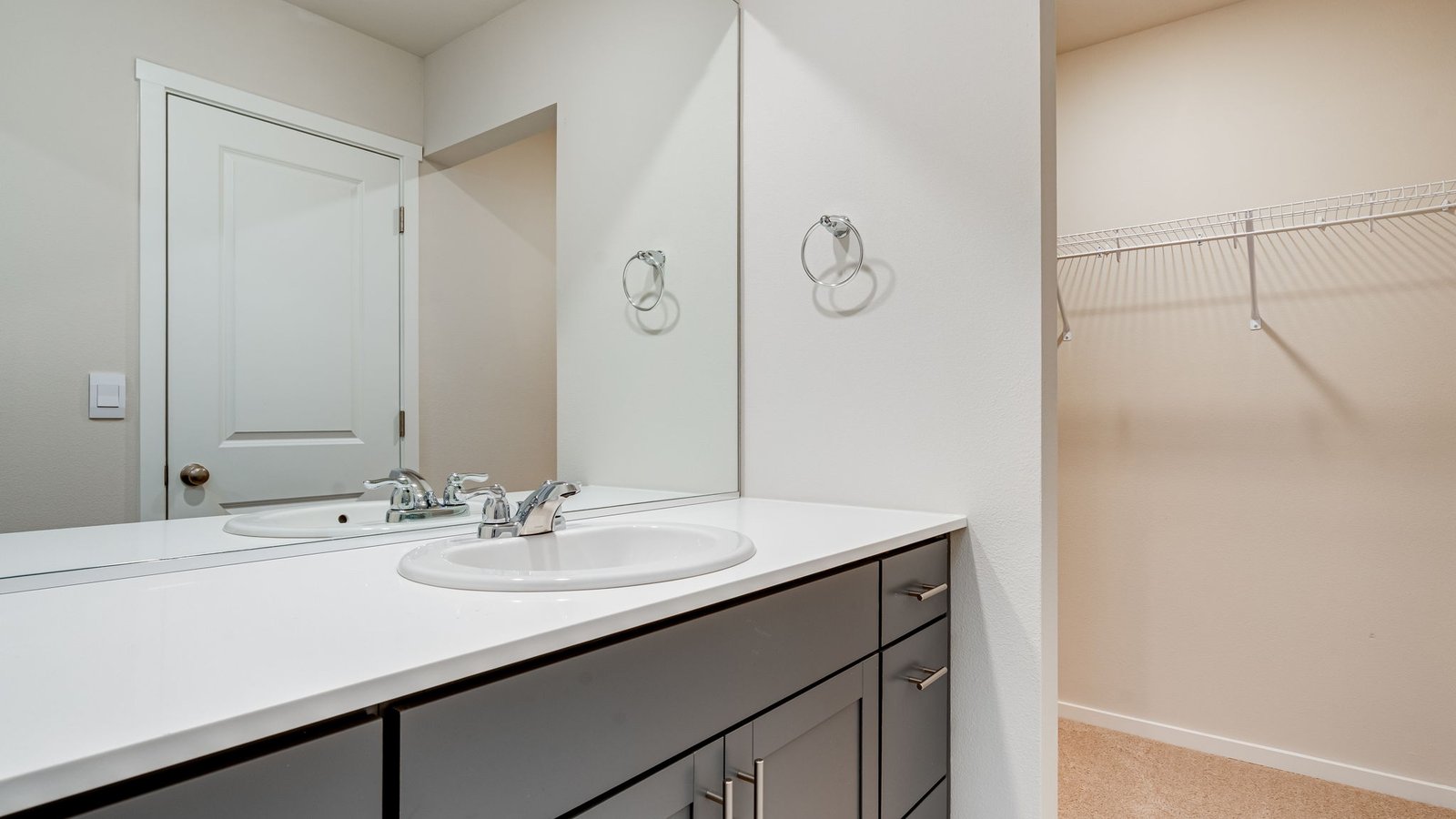 Primary bathroom with quartz counters and a walk-in shower