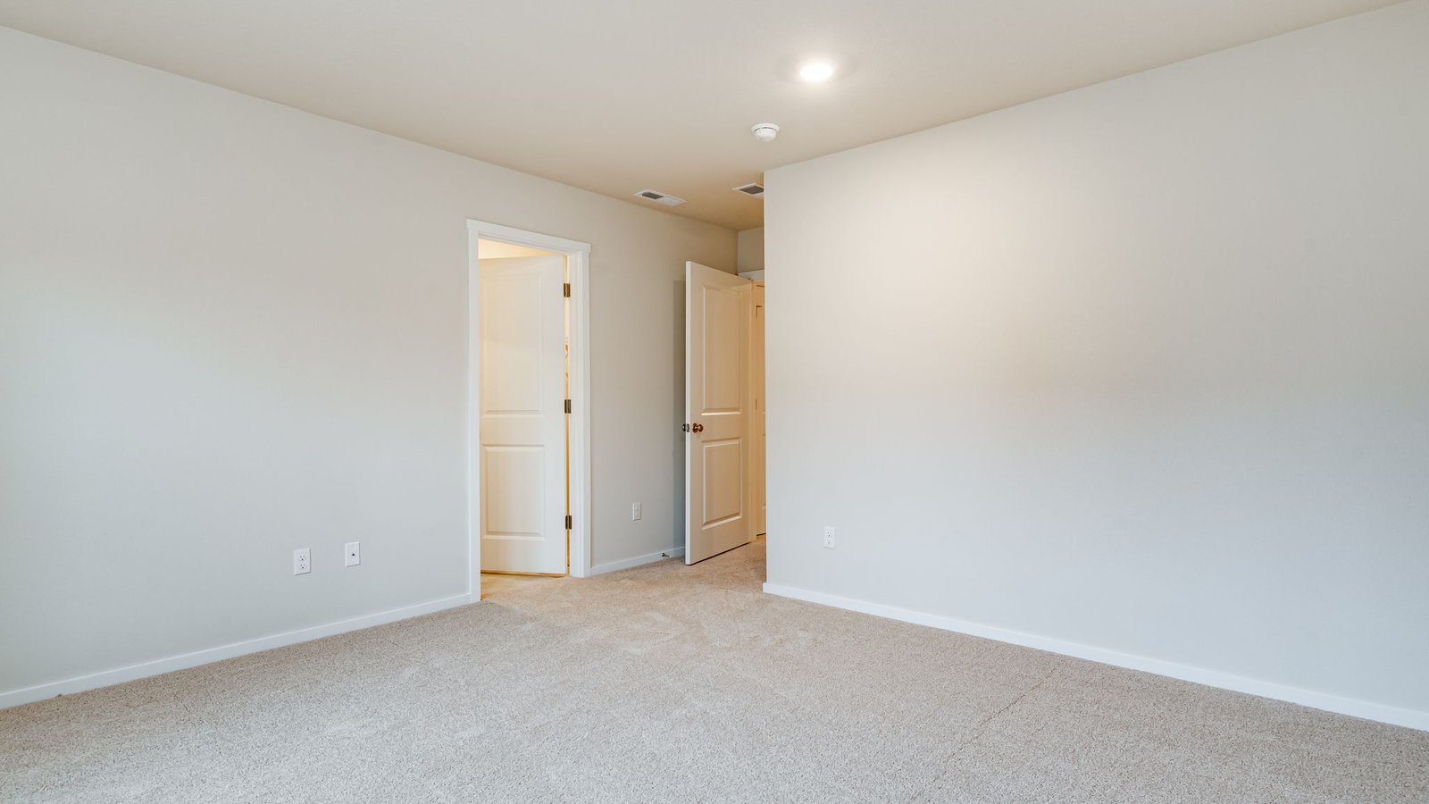 Primary bedroom with wall-to-wall carpet, a walk-in closet and an attached bathroom