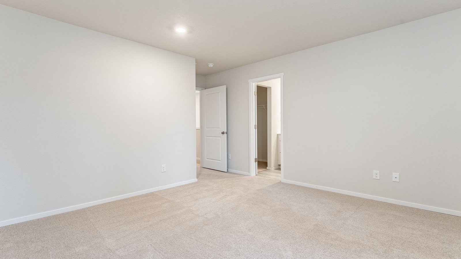 Primary bedroom with wall-to-wall carpet, a walk-in closet and an attached bathroom