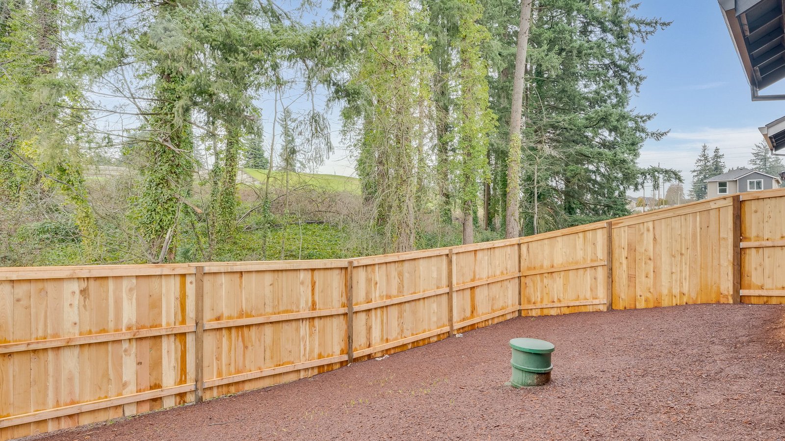 fully fenced backyard with sod lawn and a patio