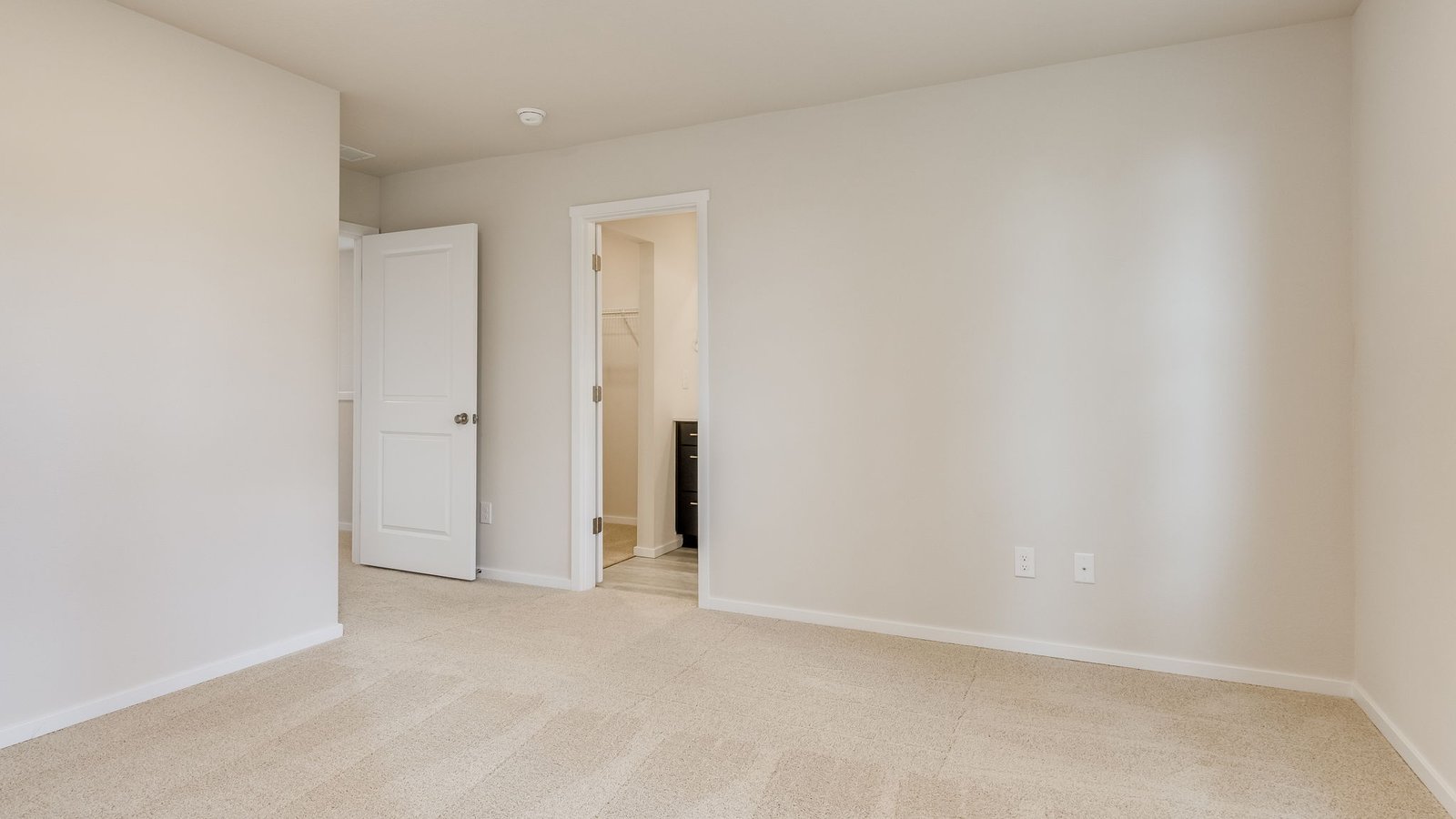 Primary bedroom with wall-to-wall carpet, a walk-in closet and an attached bathroom