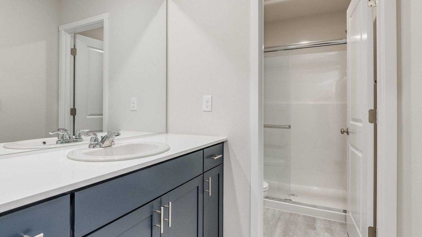 Primary bathroom with quartz counters and a walk-in shower