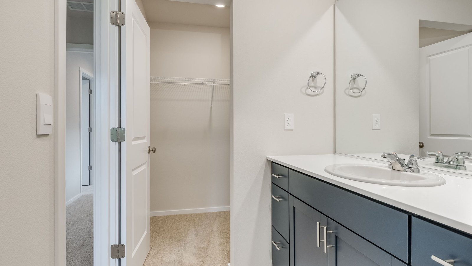 Primary bathroom with quartz counters and a walk-in shower