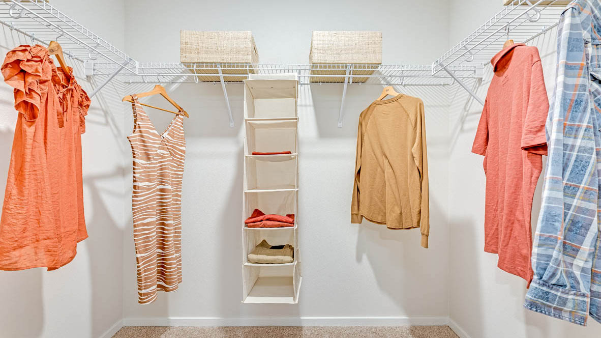 Primary bedroom walk-in closet with built-in shelves