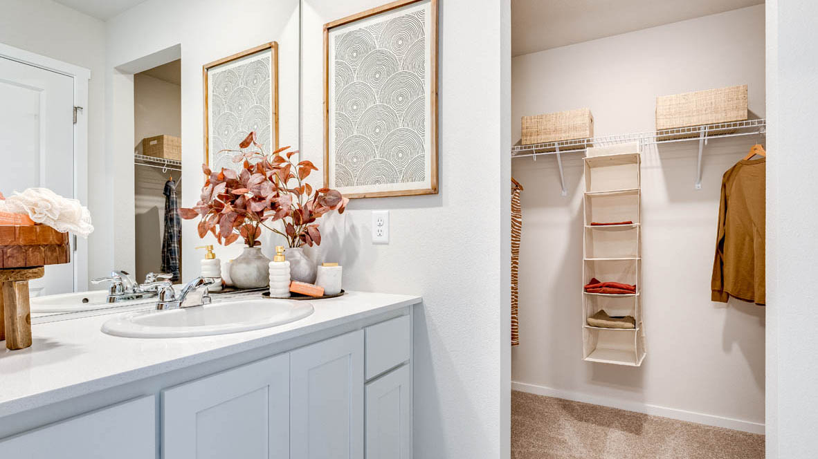 Primary bathroom with quartz counters and a walk-in shower