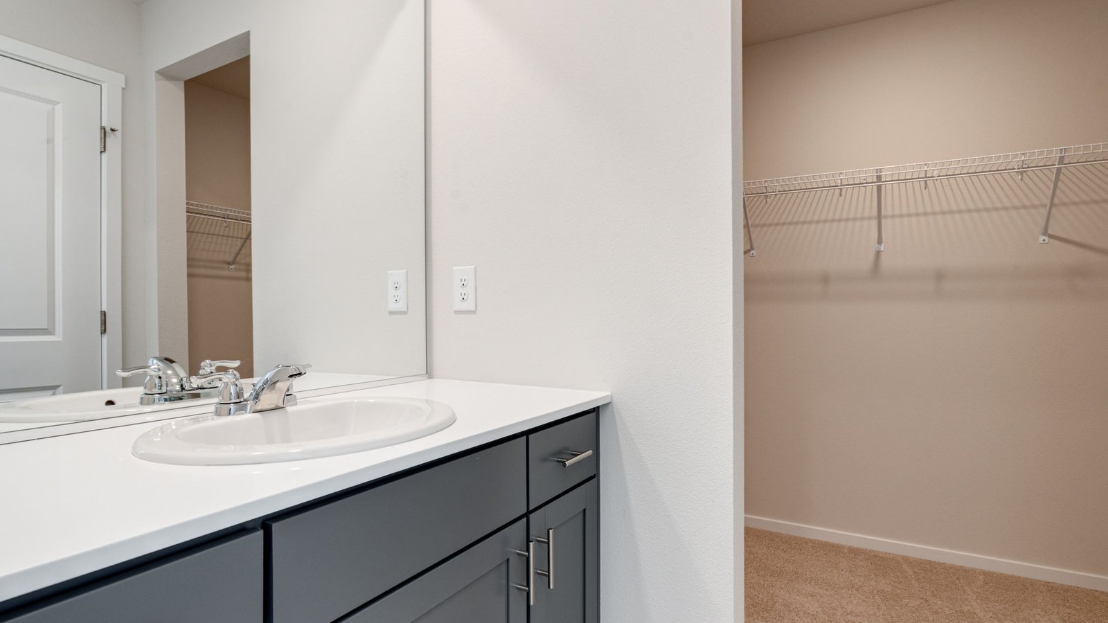 Primary bathroom with quartz counters and a walk-in shower