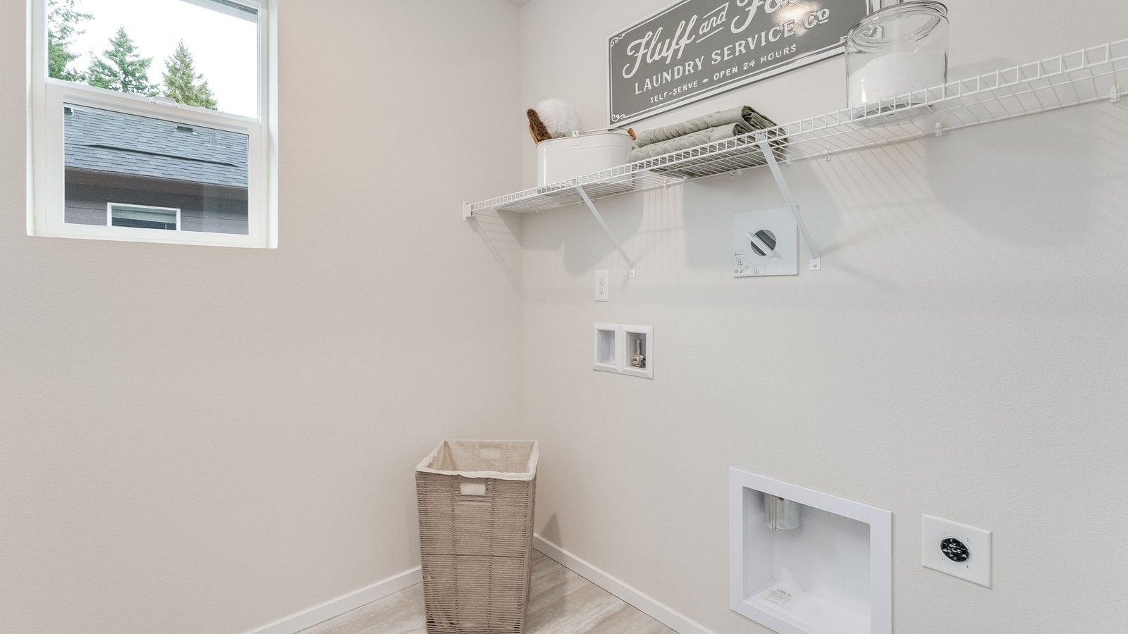 Laundry room with built-in shelves and washer and dryer hookups