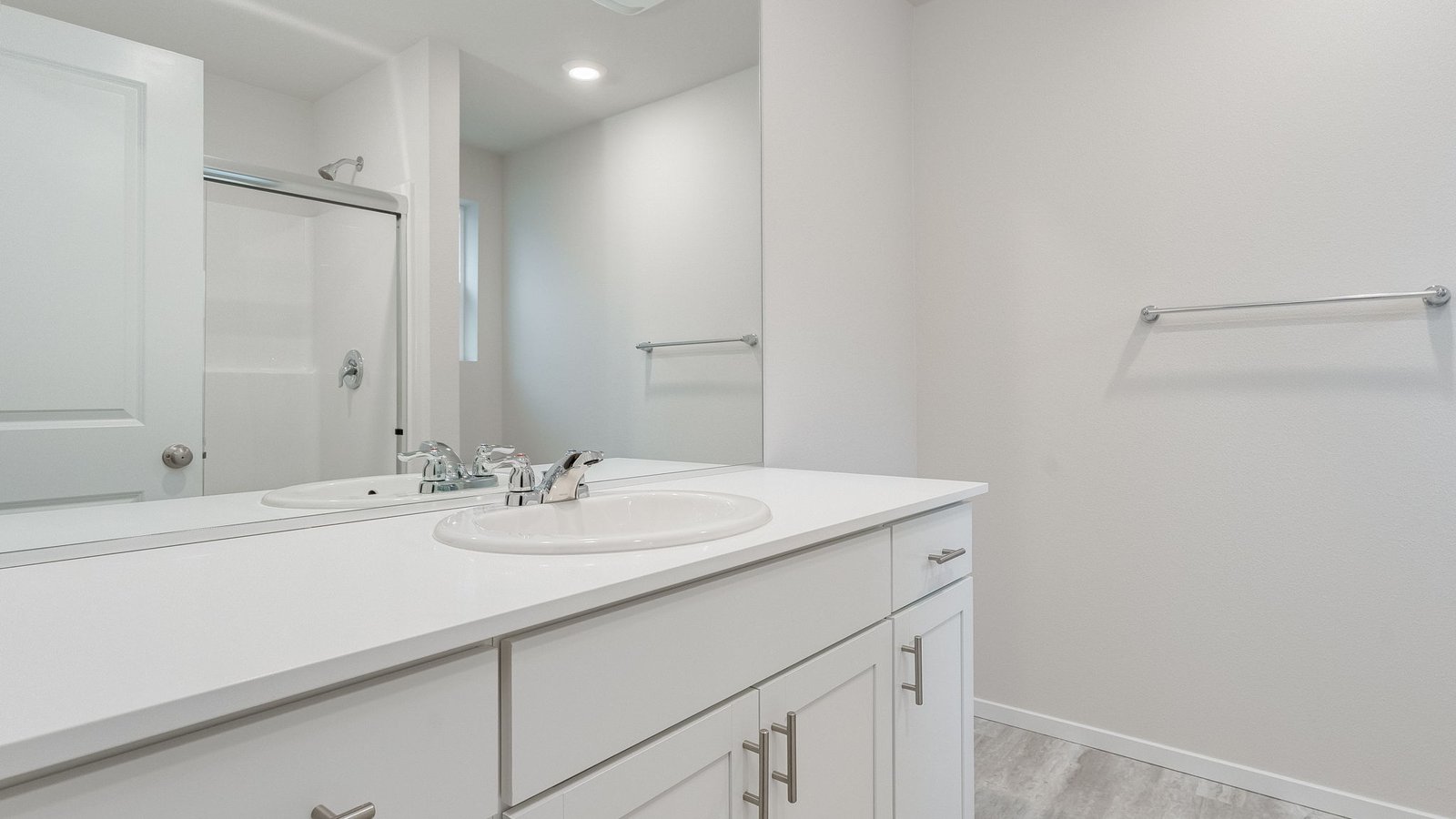 Primary bathroom with quartz counters and a walk-in shower
