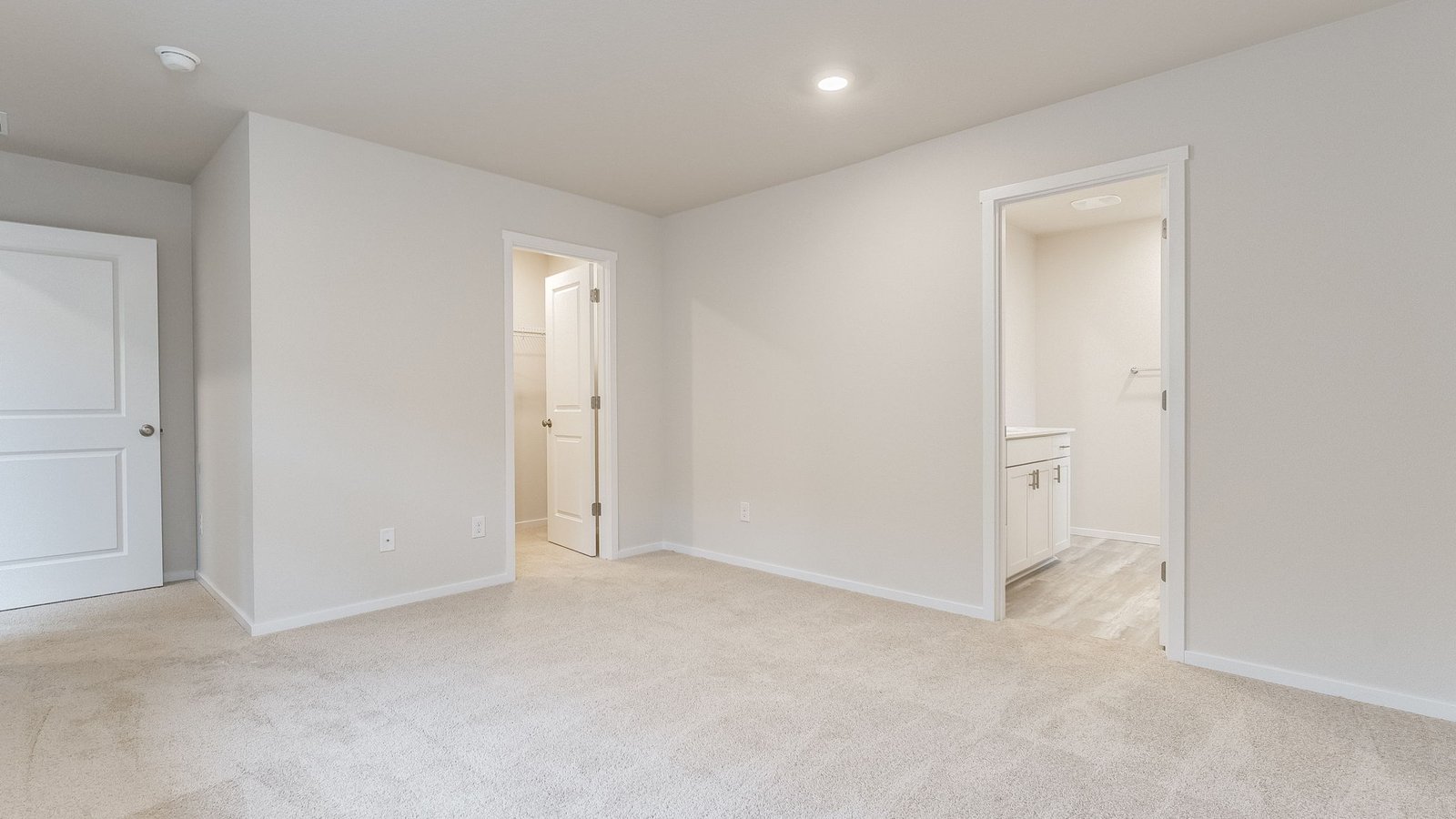 Primary bedroom with wall-to-wall carpet, a walk-in closet and an attached bathroom