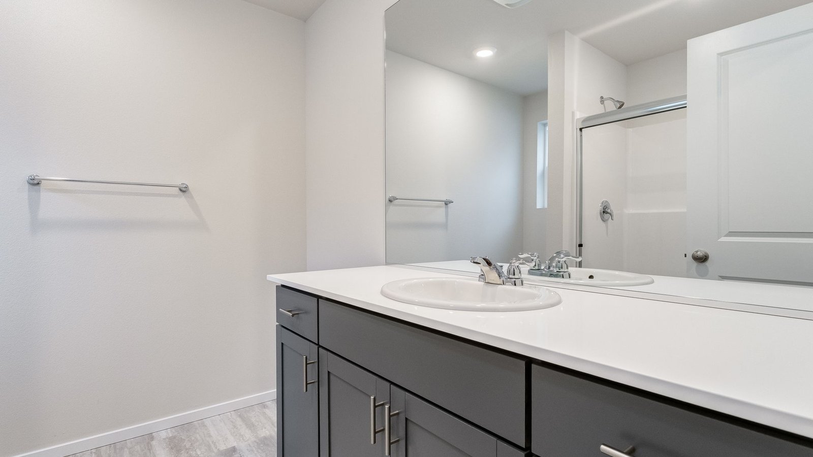 Primary bathroom with quartz counters and a walk-in shower